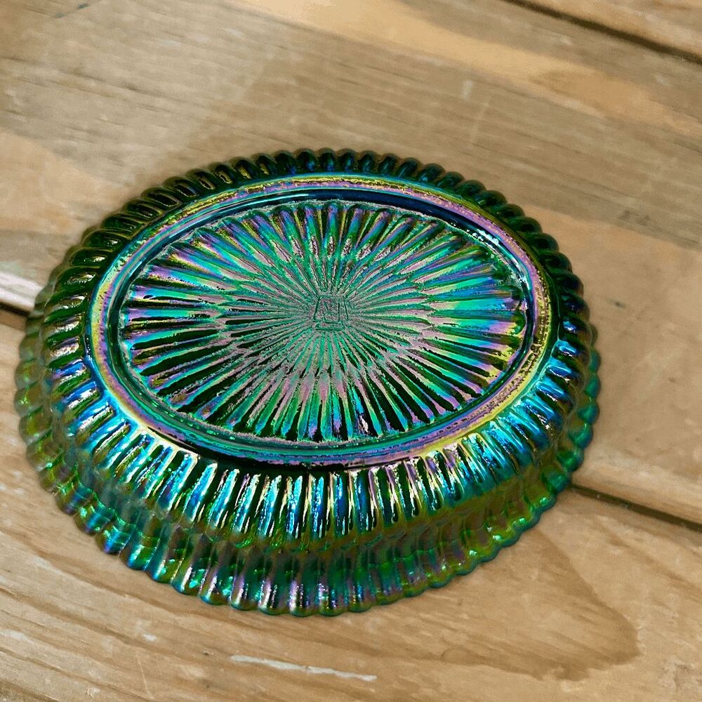 Horse Covered Candy Dish –Hunter Green Carnival 2 Piece Glass Horse on Ribbed Va - Picture 4 of 5